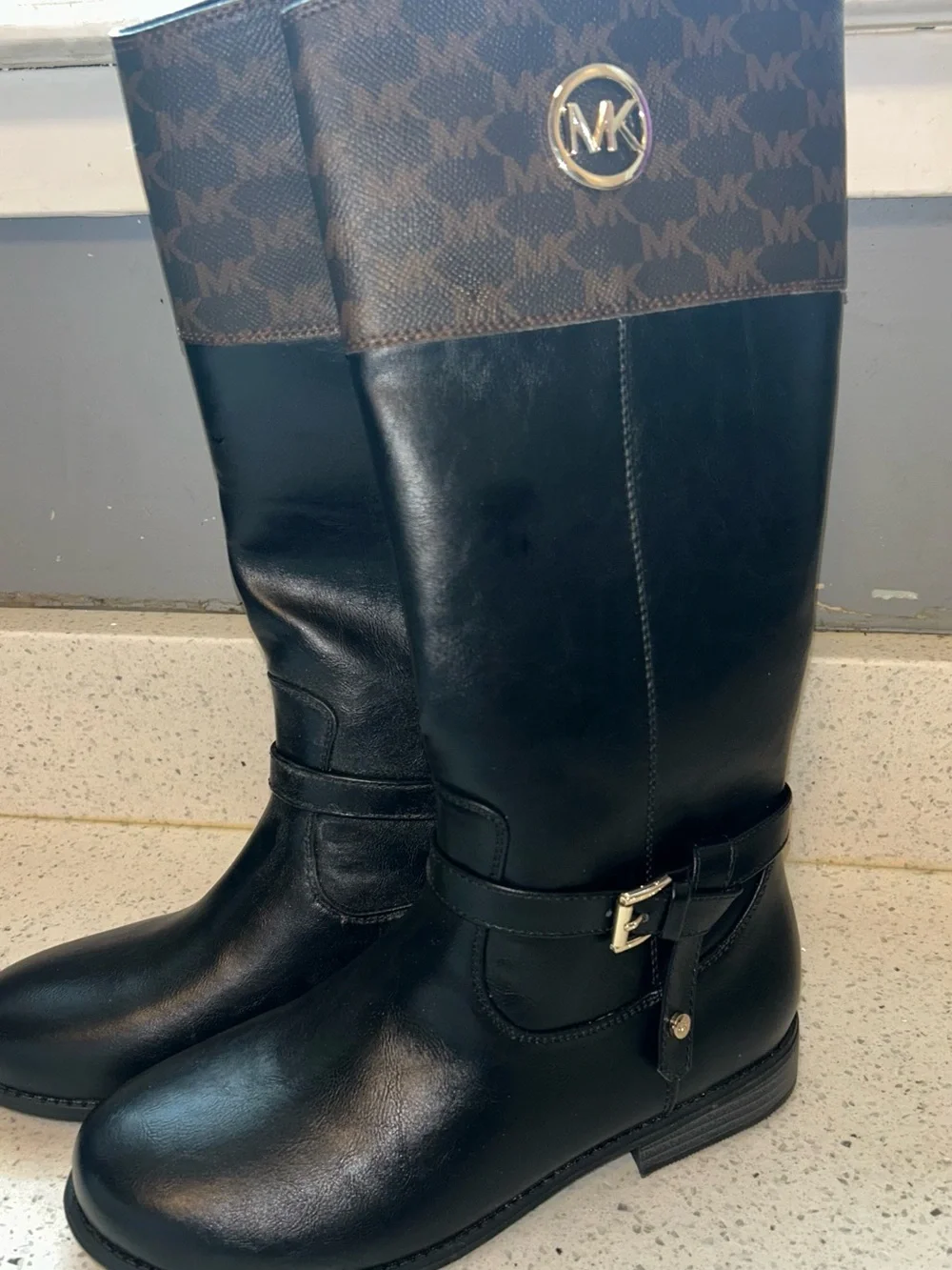 Michael Kors Black Leather Logo Cuff Riding Boots